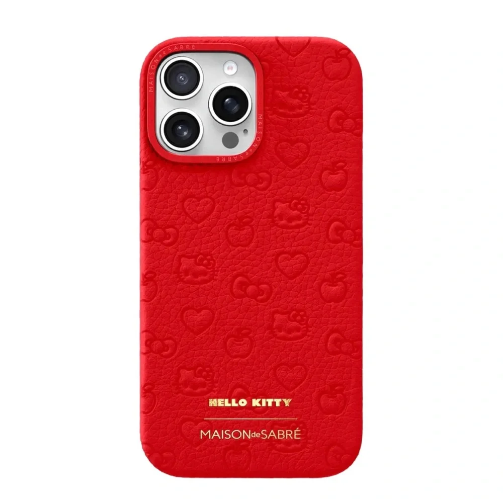 🆕 Maison de Sabré & Hello Kitty iPhone 16 Pro Case Embossed Leather–Pomegranate